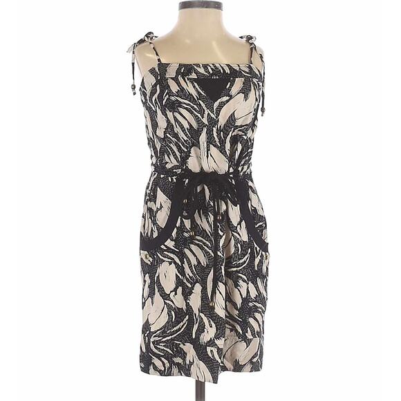 French Connection Printed Strapless Square Neck Dress Black Cream 2 - Picture 1 of 7